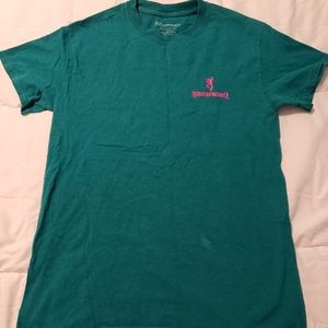 4/10 Browning t-shirt, blue/green with pink deer, size small.